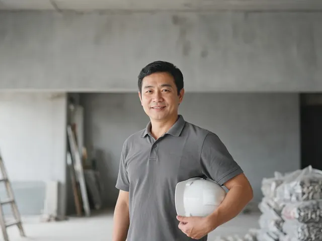 身穿灰色 polo 恤、手持安全帽的師傅示意圖（AI 示意圖）